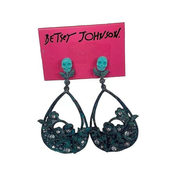 Betsey Johnson TEAL PATINA Skull Large Hoop Earrings 2" Crystal Statement - Picture 12 of 12